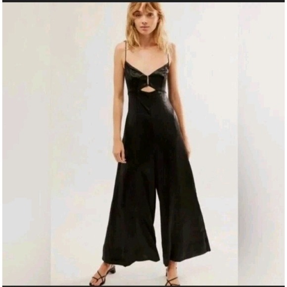 Free People Abbie Jumpsuit Black Satin Wide Leg Size Small